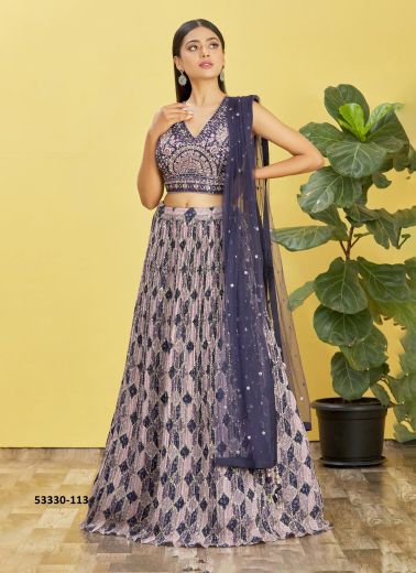 Navy Blue & Lilac Chinon Embroidered Wedding-Wear Reception Lehenga Choli