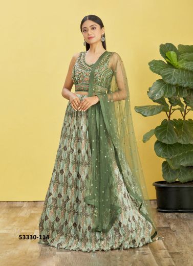 Sage Green Chinon Embroidered Wedding-Wear Reception Lehenga Choli