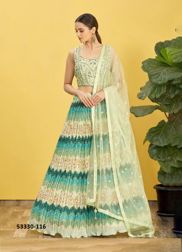 Multicolored Chinon Embroidered Wedding-Wear Reception Lehenga Choli