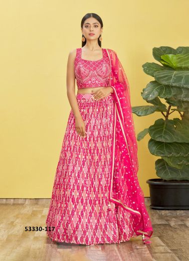 Magenta Chinon Embroidered Wedding-Wear Reception Lehenga Choli