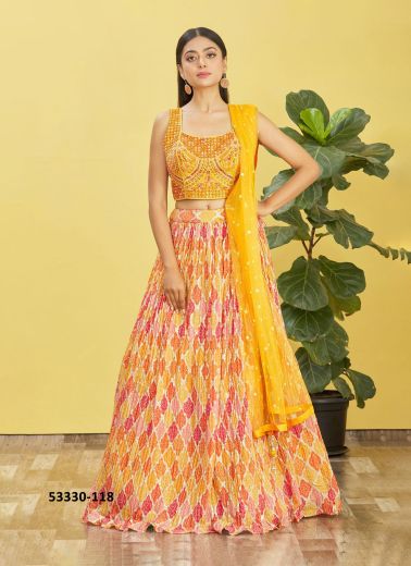 Multicolored Chinon Embroidered Wedding-Wear Reception Lehenga Choli