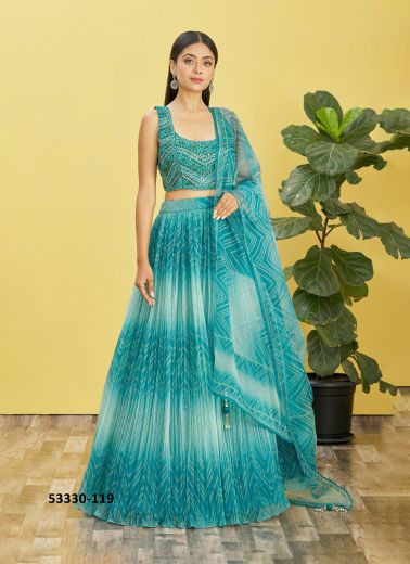 Teal Blue & White Organza Embroidered Wedding-Wear Reception Lehenga Choli