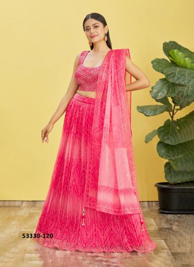 Pinkish Red Organza Embroidered Wedding-Wear Reception Lehenga Choli