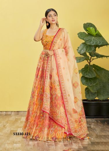 Orange Organza Embroidered Wedding-Wear Reception Lehenga Choli