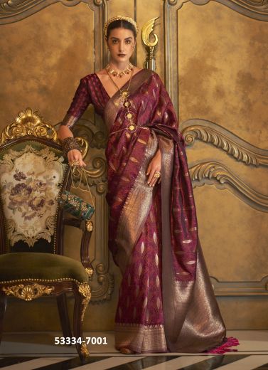 Wine Satin Woven Handloom Saree For Traditional / Religious Occasions