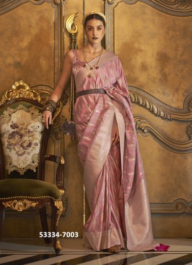 Light Pink Satin Woven Handloom Saree For Traditional / Religious Occasions