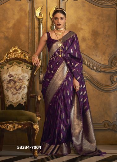 Dark Purple Satin Woven Handloom Saree For Traditional / Religious Occasions