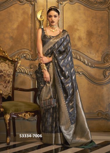 Black Satin Woven Handloom Saree For Traditional / Religious Occasions