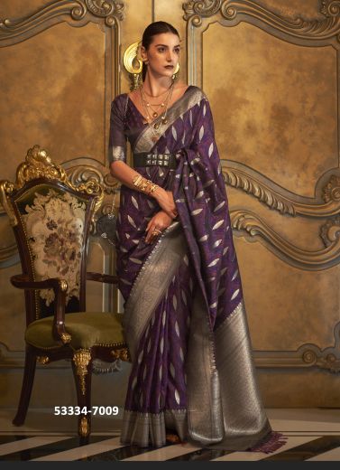 Dark Purple Satin Woven Handloom Saree For Traditional / Religious Occasions