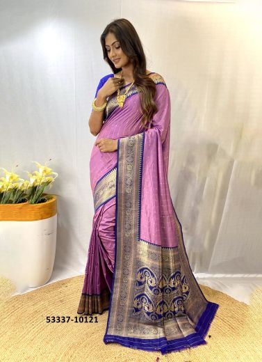 Lilac & Blue Woven Paithani Silk Saree For Traditional / Religious Occasions