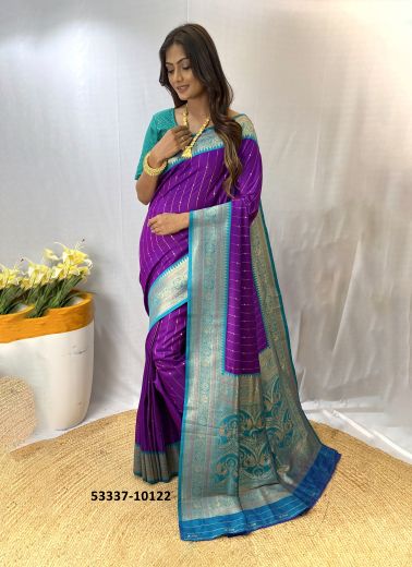 Violet & Aqua Woven Paithani Silk Saree For Traditional / Religious Occasions