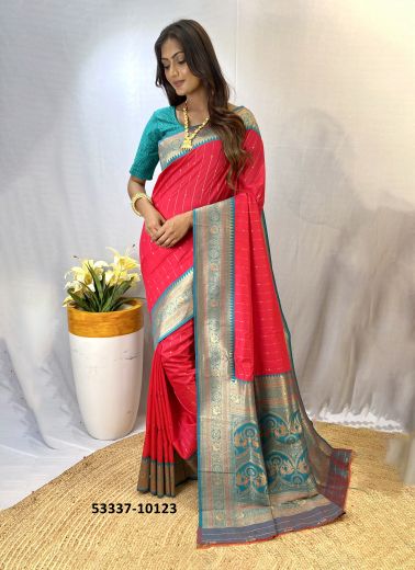 Crimson Red & Teal Blue Woven Paithani Silk Saree For Traditional / Religious Occasions