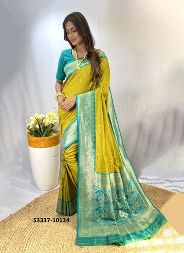 Lime Yellow & Teal Blue Woven Paithani Silk Saree For Traditional / Religious Occasions