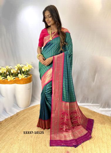 Teal Green & Magenta Woven Paithani Silk Saree For Traditional / Religious Occasions