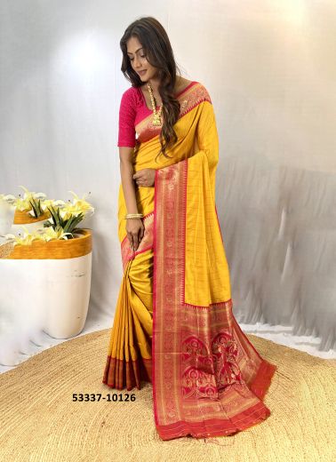 Yellow & Wine Red Woven Paithani Silk Saree For Traditional / Religious Occasions