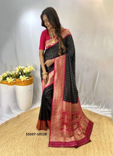 Black & Wine Red Woven Paithani Silk Saree For Traditional / Religious Occasions