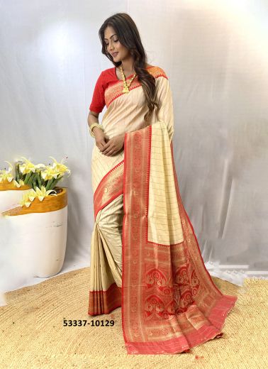 Cream & Red Woven Paithani Silk Saree For Traditional / Religious Occasions