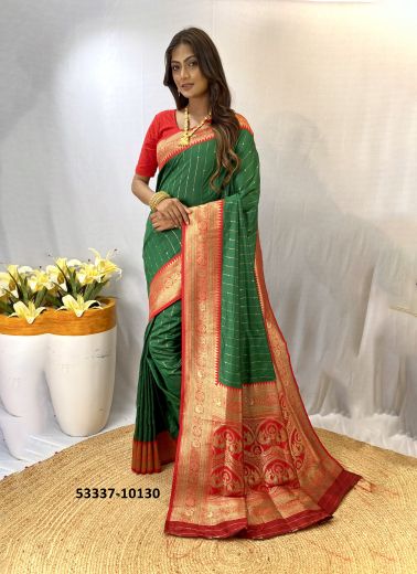 Green & Red Woven Paithani Silk Saree For Traditional / Religious Occasions