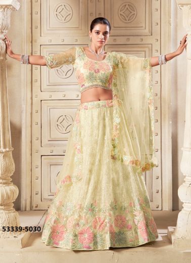 Light Pista Green Net Handworked Wedding-Wear Readymade Reception Lehenga Choli