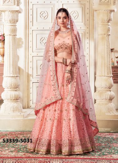 Pink Net Handworked Wedding-Wear Readymade Reception Lehenga Choli