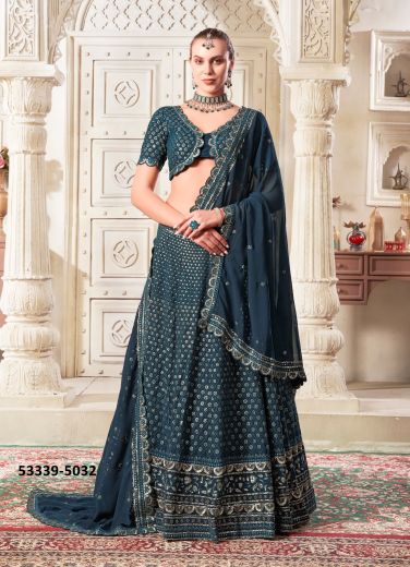 Dark Blue Georgette Handworked Wedding-Wear Readymade Reception Lehenga Choli