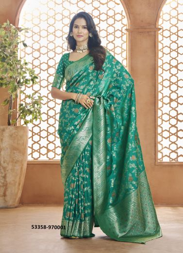 Teal Green Woven Banarasi Silk Saree For Traditional / Religious Occasions