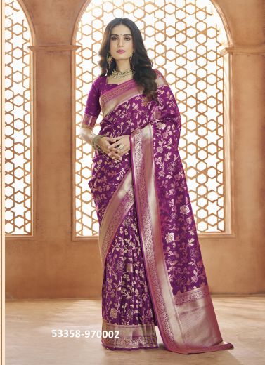 Purple Woven Banarasi Silk Saree For Traditional / Religious Occasions