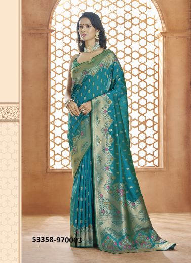 Teal Blue Woven Banarasi Silk Saree For Traditional / Religious Occasions