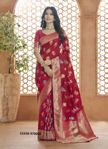 Crimson Red Woven Banarasi Silk Saree For Traditional / Religious Occasions