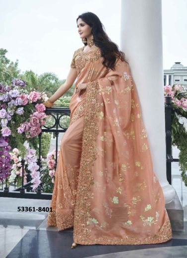 Light Salmon Soft Silk Embroidered Wedding-Wear Saree