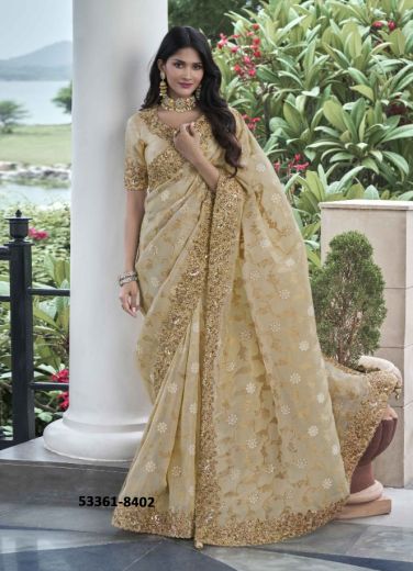 Beige Soft Silk Embroidered Wedding-Wear Saree