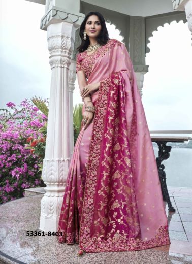 Pink & Purple Soft Silk Embroidered Wedding-Wear Saree