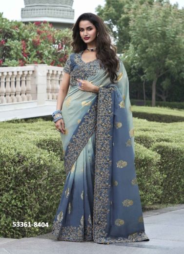 Blue Soft Silk Embroidered Wedding-Wear Saree