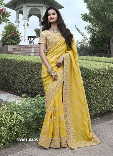 Yellow Soft Silk Embroidered Wedding-Wear Saree