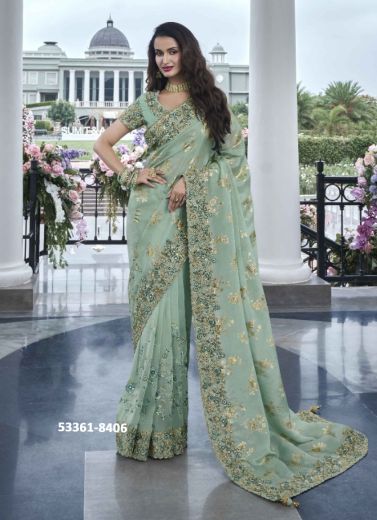 Light Sage Green Soft Silk Embroidered Wedding-Wear Saree