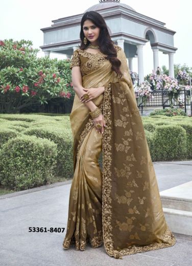 Dark Brown Soft Silk Embroidered Wedding-Wear Saree