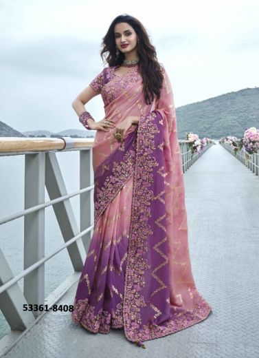 Pink & Violet Soft Silk Embroidered Wedding-Wear Saree