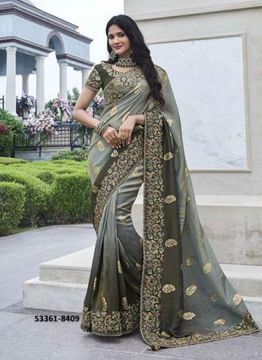 Gray Soft Silk Embroidered Wedding-Wear Saree