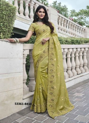 Lime Yellow Soft Silk Embroidered Wedding-Wear Saree