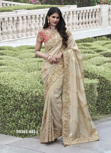 Beige Soft Silk Embroidered Wedding-Wear Saree