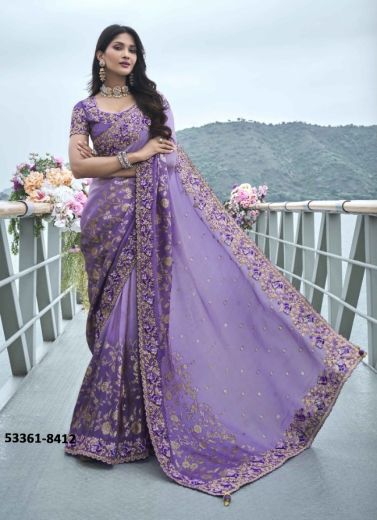 Lavender Soft Silk Embroidered Wedding-Wear Saree