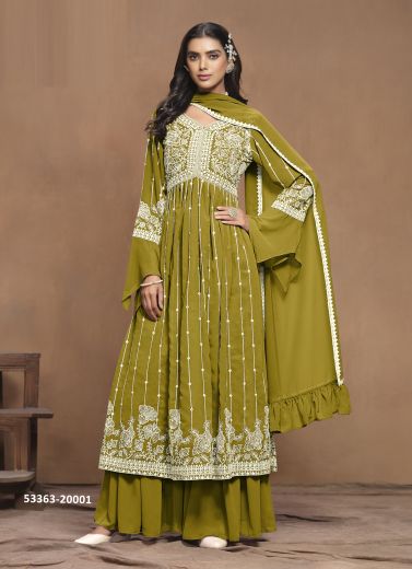 Olive Green Faux Georgette Thread-Work Palazzo-Bottom Readymade Salwar Kameez For Traditional / Religious Occasions