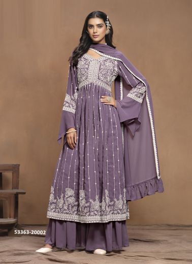 Lavender Faux Georgette Thread-Work Palazzo-Bottom Readymade Salwar Kameez For Traditional / Religious Occasions