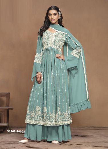 Light Blue Faux Georgette Thread-Work Palazzo-Bottom Readymade Salwar Kameez For Traditional / Religious Occasions