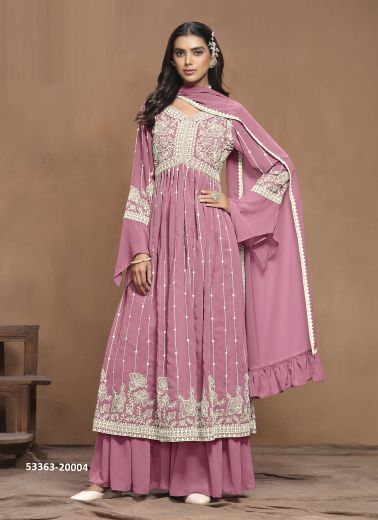 Pink Faux Georgette Thread-Work Palazzo-Bottom Readymade Salwar Kameez For Traditional / Religious Occasions