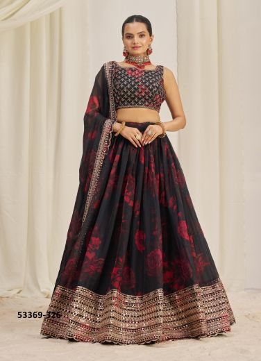 Black & Red Organza Digitally Floral Printed Party-Wear Lehenga Choli