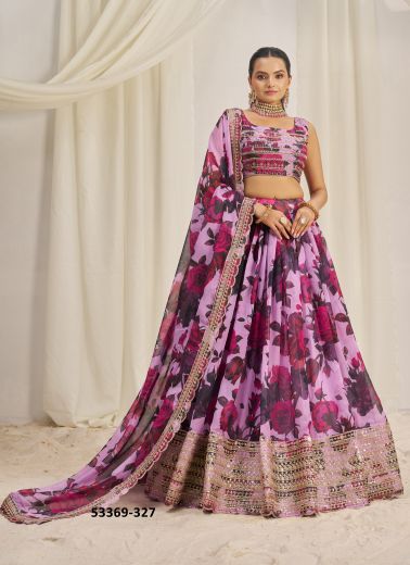 Lilac & Purple Organza Digitally Floral Printed Party-Wear Lehenga Choli