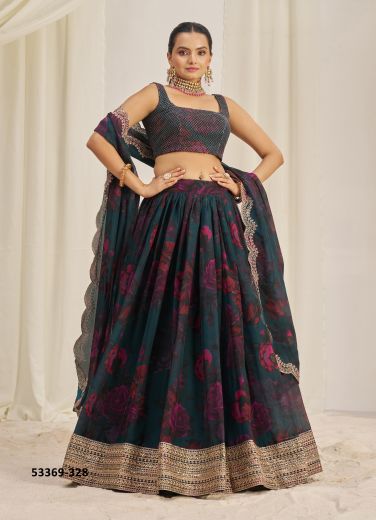 Dark Teal Blue & Purple Organza Digitally Floral Printed Party-Wear Lehenga Choli