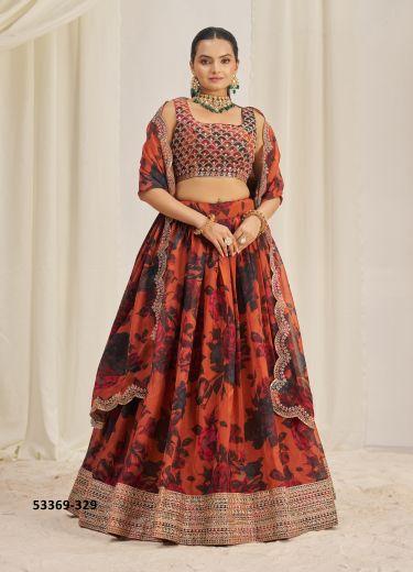 Dark Orange & Red Organza Digitally Floral Printed Party-Wear Lehenga Choli