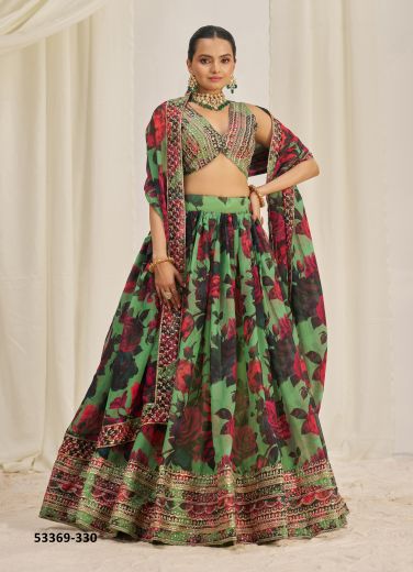 Green & Red Organza Digitally Floral Printed Party-Wear Lehenga Choli